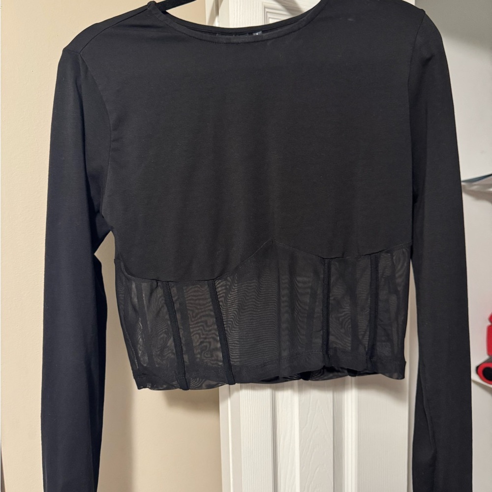 Black Long Sleeve Mesh Crop Top